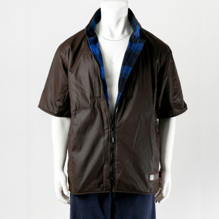 Short Sleeved Oilskin Jacket with custom fleece lining, leather badge and red w side seam tag