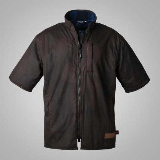 Oilskin Jacket with custom fleece lining, leather badge and red w side seam tag